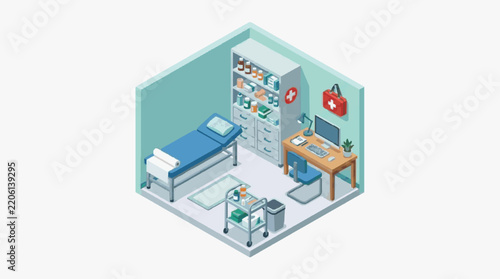 Sleek Isometric of a Modern Clinic Room Featuring Medical Exam Bed Medication Cabinet First Aid Kit and Office Desk