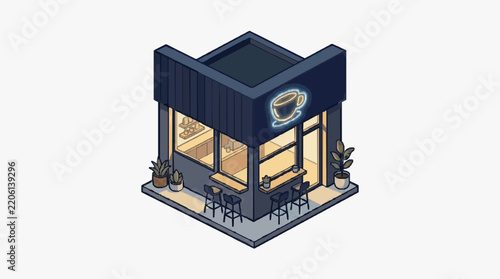 Sleek Isometric of a Modern Coffee Shop with Minimalist Design Dark Exterior and Warm Interior Lighting