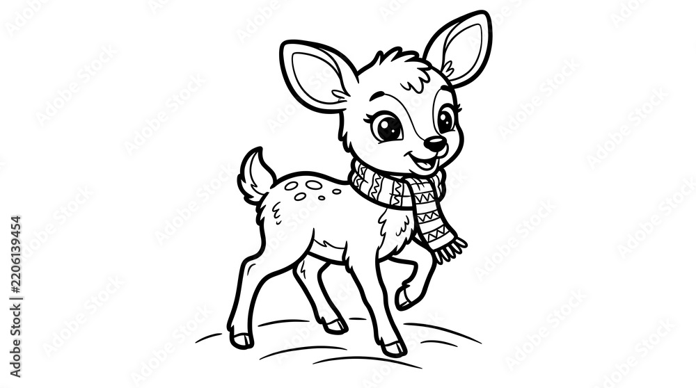 Obraz premium Cute Baby Deer Coloring Page Illustration, Cute Fawn Line Art Outline, Black and White Christmas Winter Animal Coloring Sheet