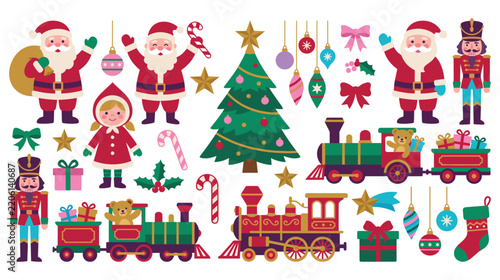 Colorful christmas flat icon set featuring santa claus nutcracker train and holiday icons.