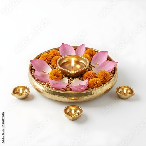 Elegant Golden Lotus Flower Diya with Marigold Petals and Gold Coins for Spiritual Decor or Wedding Photography