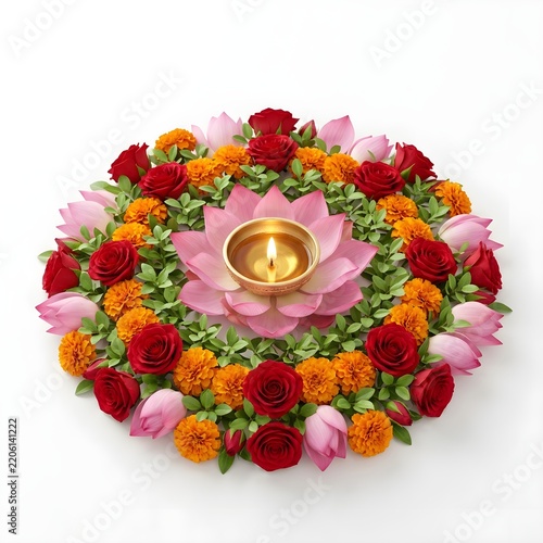 Elegant Floral Mandala with Diya Lamp Centerpiece for Spiritual and Festive Decor