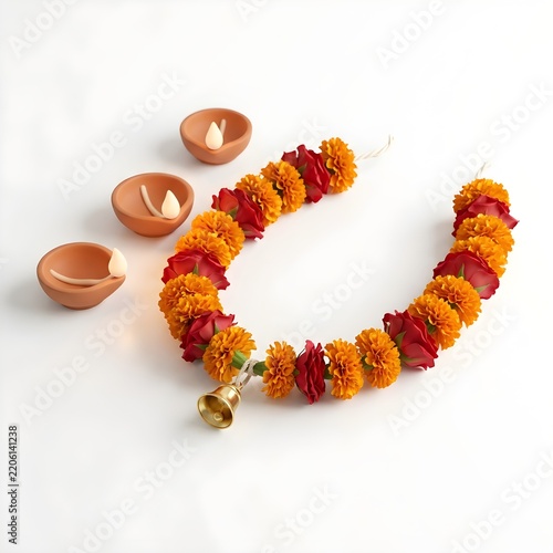 Vibrant Marigold Flower Garland with Gold Bell and Clay Oil Lamps for Festive Decor or Spiritual Rituals