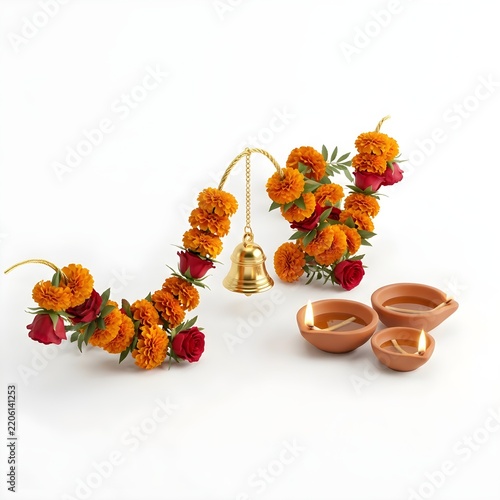 Vibrant Marigold Flower Garland with Traditional Indian Diya Lamps for Festive Decor and Spiritual Design