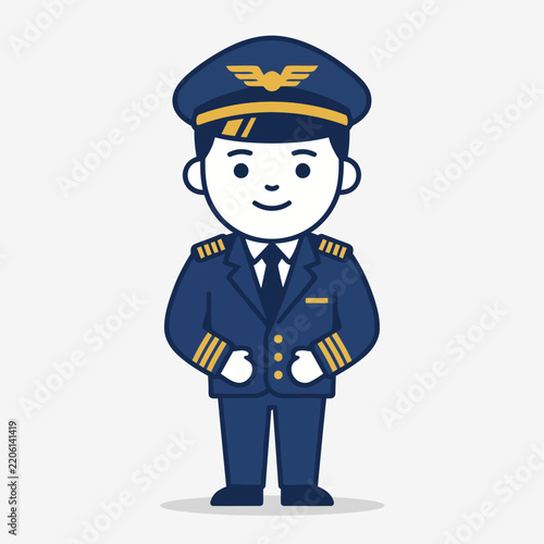 Cute airline pilot standing in navy blue captain uniform and hat. Flat character vector illustration for aviation, commercial flight crew, travel, and transportation industry.