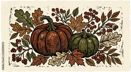 Autumn Pumpkins and Berries Woodcut Style Illustration

