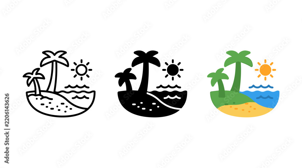 Obraz premium Set of Tropical Island Vacation Vector Icons Featuring Palm Trees and Beach