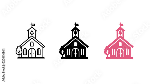 Set of three wedding chapel icons with bell tower and tree vector design
