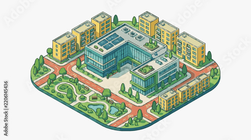 Sleek Isometric of Modern Urban Complex with Residential Buildings Central Office Block and Green Spaces