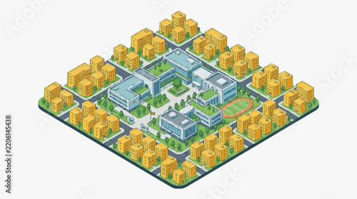 Sleek Isometric of Modern University Campus with Residential Buildings Green Spaces and Sports Facilities