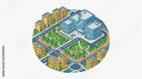 Sleek Isometric of Modern Urban Neighborhood with Buildings Parks Roads and Pedestrian Paths in Vibrant Colors