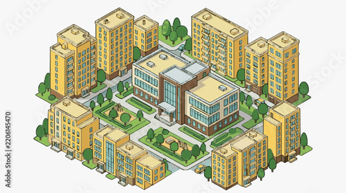 Sleek Isometric of Modern Urban Residential Complex with Yellow and Beige Buildings Green Trees and Pathways