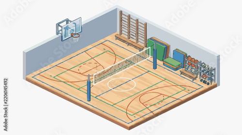 Sleek Isometric of Multi Sport Indoor Court with Basketball Hoop Volleyball Net and Equipment with high quality professional line art symbols for modern creative design and digital branding projects