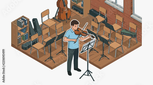 Sleek Isometric of Musician Playing Violin in Cozy Orchestral Practice Room with Wooden Chairs and Instruments