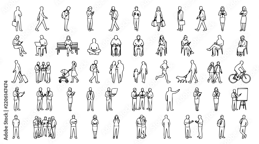 Obraz premium Architectural Scale Figures and Tiny People Line Drawing Set for City Landscape Renderings Urban Planning Diagrams and CAD Graphic Presentation Vector Designs