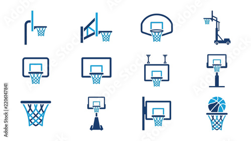 Collection of various basketball hoop and court icons with transparent background