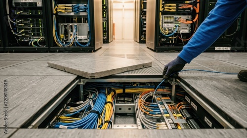 Technician's gloved hand managing network cables under raised floor in a modern data center server room
