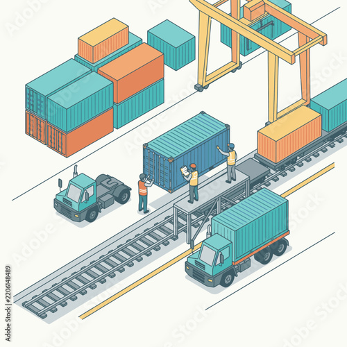 Professional of Colorful Shipping Containers Being Loaded and Unloaded at a Modern Intermodal Freight Terminal