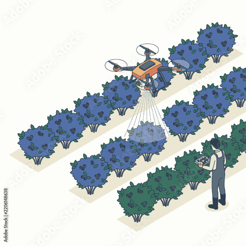 Sleek Agricultural Drone Spraying Blue and Green Crops Over Organized Plantations with Worker Monitoring