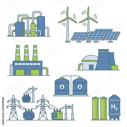 Sleek Illustrated Guide to Modern Energy Production and Storage Featuring Wind Turbines Solar Panels Power Plants Hydrogen Tanks and Electrical Infrastructure