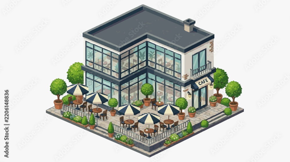 Obraz premium Sleek Modern Caf with Isometric Outdoor Seating Area Featuring Large Glass Windows Blue and White Umbrellas Potted Plants and Cozy Tables