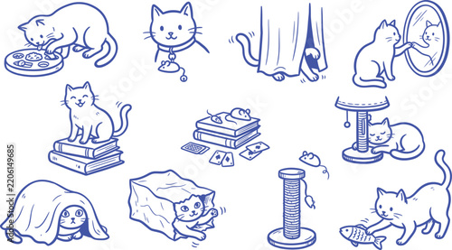 Set of cute playful cat doodles, handdrawn vector illustrations of kittens in various activities, playing with toys, hiding, and sitting on books