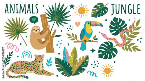 Tropical jungle animals and plants collection with leopard toucan sloth and palm leaves.