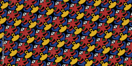 Seamless abstract pattern featuring interlocking organic shapes in vibrant primary colors of red, blue, and yellow against a solid black background, creating a retro pop art aesthetic