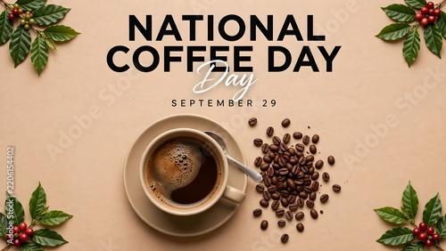 National coffee day greeting card with a cup of black coffee, spoon, and coffee beans