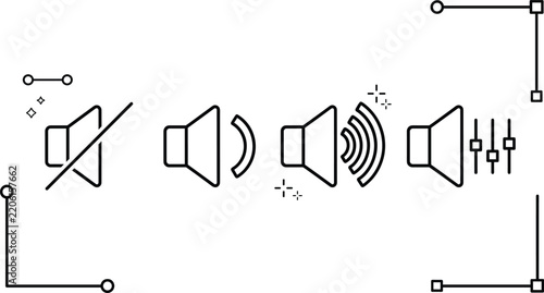 Audio speaker volume interface icons vector set with mute low high level equalizer line art illustrations