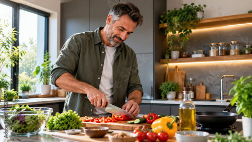 Middle aged man preparing healthy dinner with fresh vegetables at home