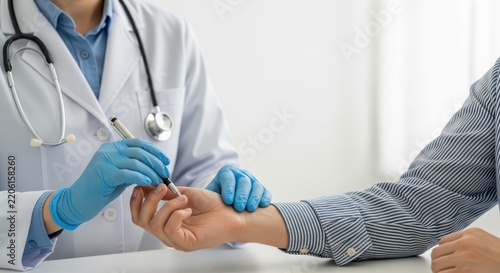 Doctor in blue gloves performing a medical examination on a patient's hand with a pen