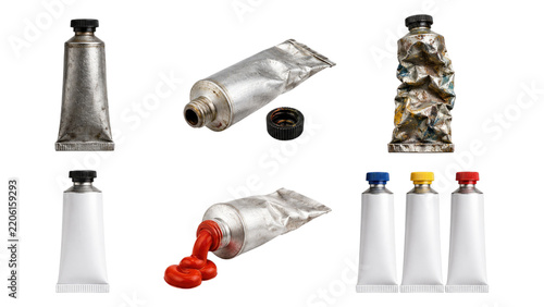 Six paint tubes and caps in various states-squeezed, crumpled, open and sealed-with red paint oozing, shown on a transparent background