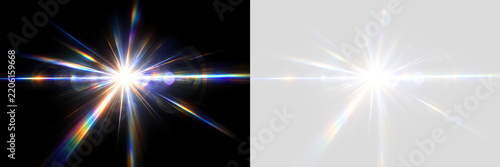 Bright anamorphic optical lens flare with rainbow prism dispersion. Starburst light rays and glare overlay isolated on transparent and black background
