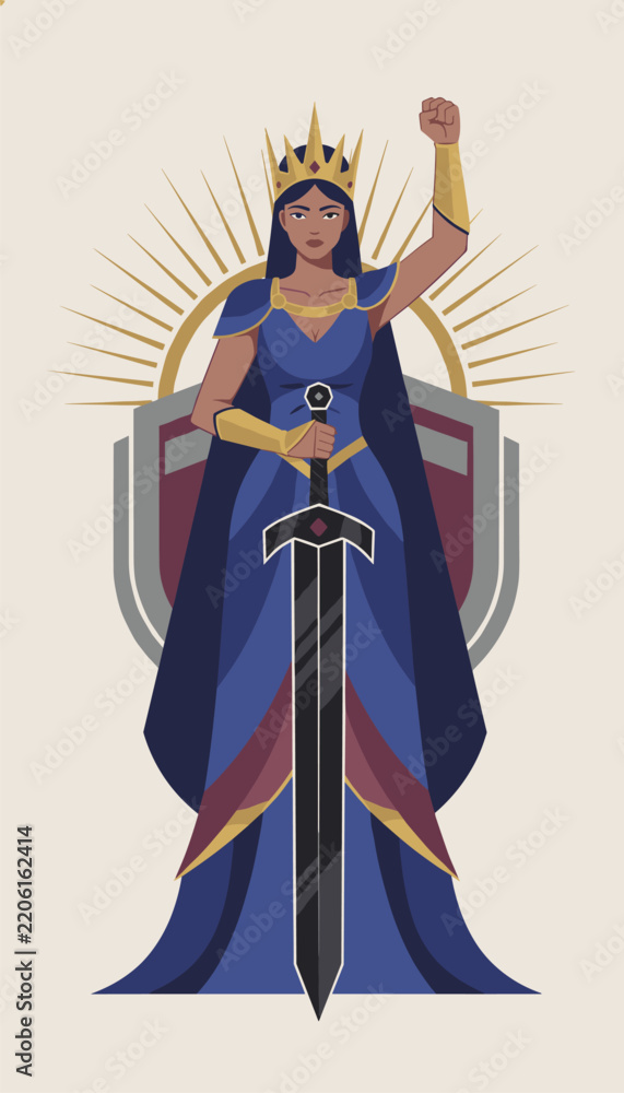 Fototapeta premium Powerful queen wearing a crown and a blue gown stands holding a large sword in front of a shield and sunburst symbol.