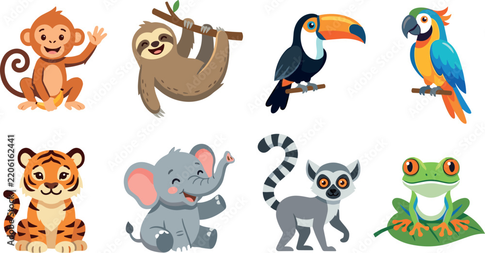 Fototapeta premium Cute jungle tropical wild animals vector icon set with monkey sloth toucan parrot tiger elephant lemur tree frog
