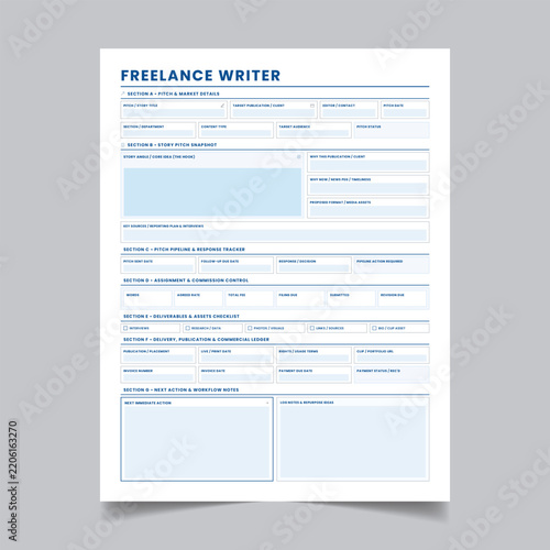 Freelance Writer Pitch and Project Planning Tracker Template Printable Vector.