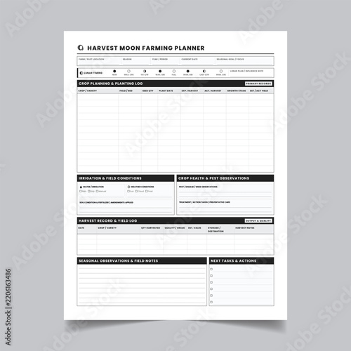 Harvest Moon Farming Planner Template for Agricultural Crop Tracking Printable Vector.