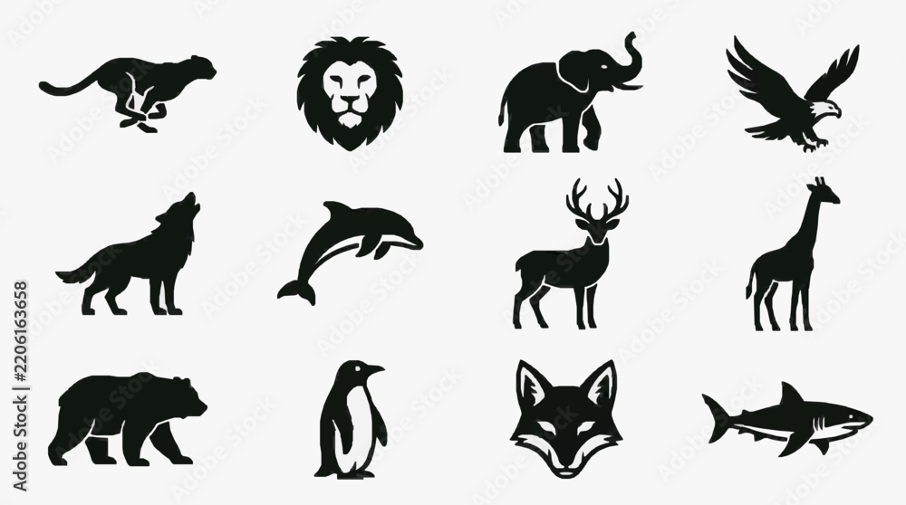 Fototapeta premium Black and White Silhouette Icons of Wild Animals and Creatures