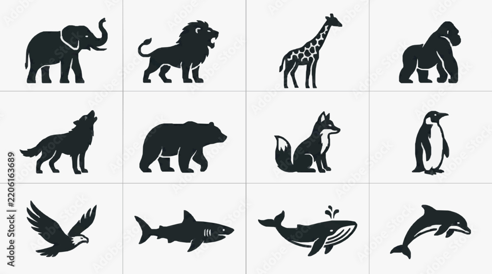 Fototapeta premium Black and White Silhouette Icons of Wildlife and Marine Animals