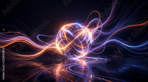 Abstract glowing plasma sphere with light trails, futuristic energy orb concept, vibrant neon motion swirl background