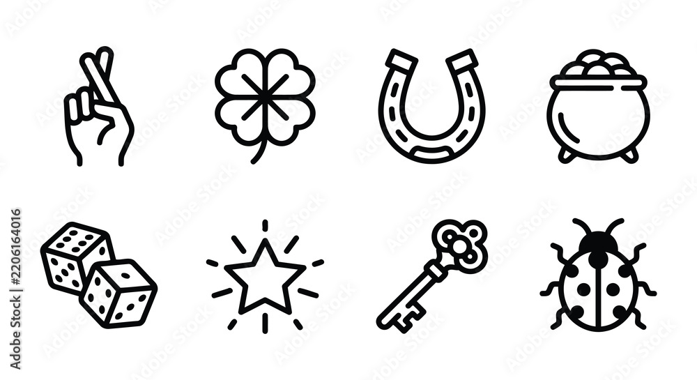 Fototapeta premium Lucky charms and symbols in a flat line icon set on white