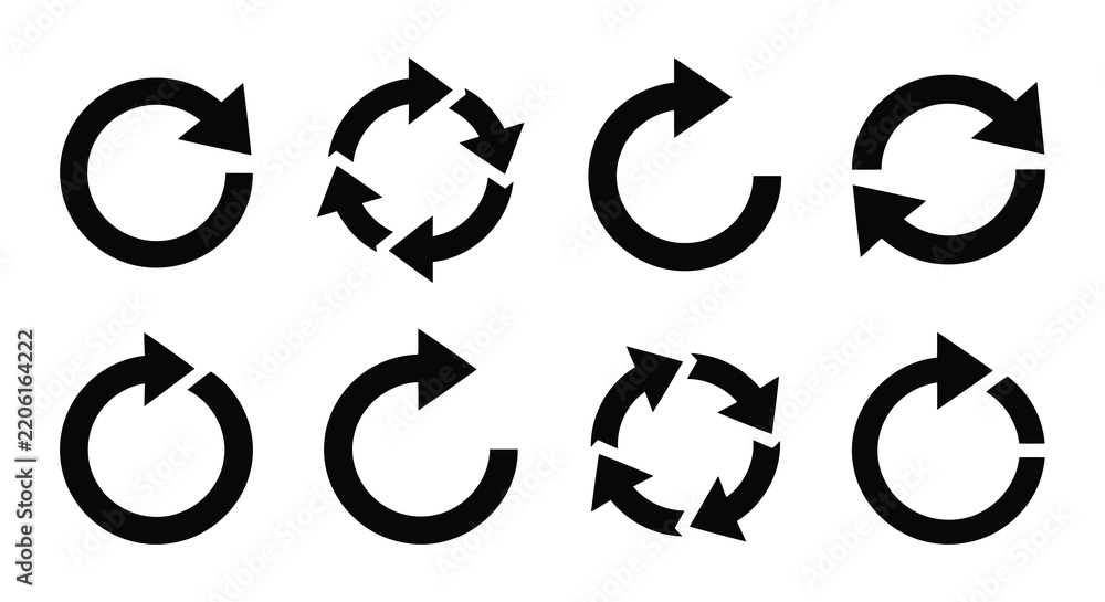 Fototapeta premium Circular arrow symbols in black silhouettes against a white background illustrate rotation