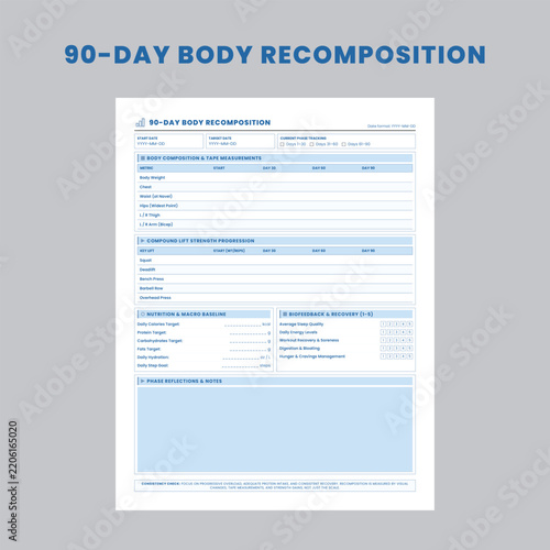 90-Day Body Recomposition Progress Tracker Printable Template Printable Vector.