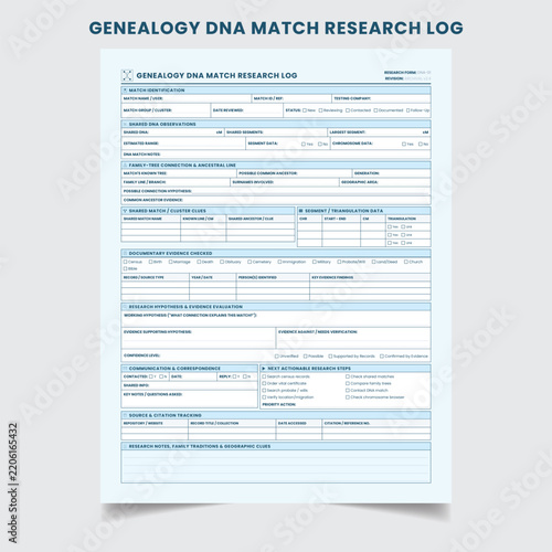 Genealogy DNA Match Research Log Form for Ancestry Tracking Printable Vector.