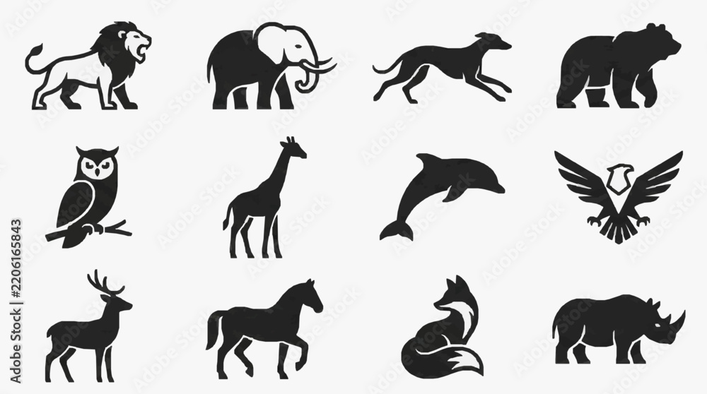 Fototapeta premium Black Silhouettes of Iconic Wildlife and Mythical Creatures Set