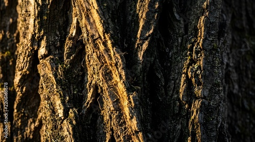 Rough tree bark texture with golden sunlight highlights