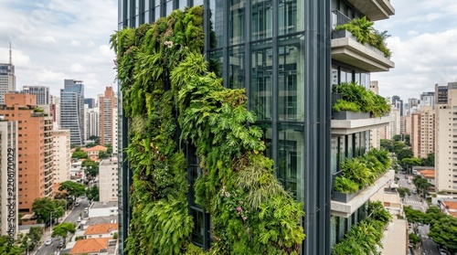 Vibrant living wall with lush green foliage adorning a modern glass building facade, showcasing biophilic urban design.