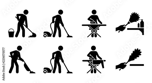 Cleaning service pictogram icon set, house cleaning and housekeeping symbols, black vector icons