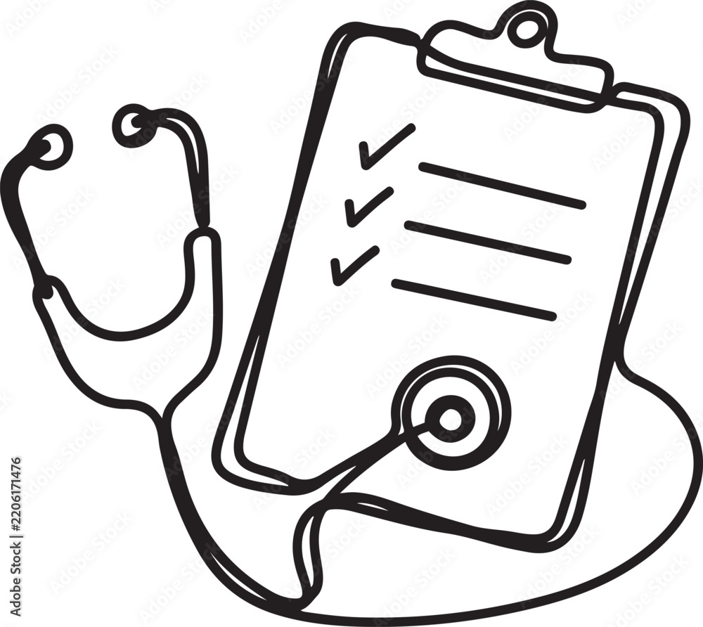 Fototapeta premium Continuous one line drawing of clipboard with stethoscope, medical check form report, health checkup concept. one line art icon drawing